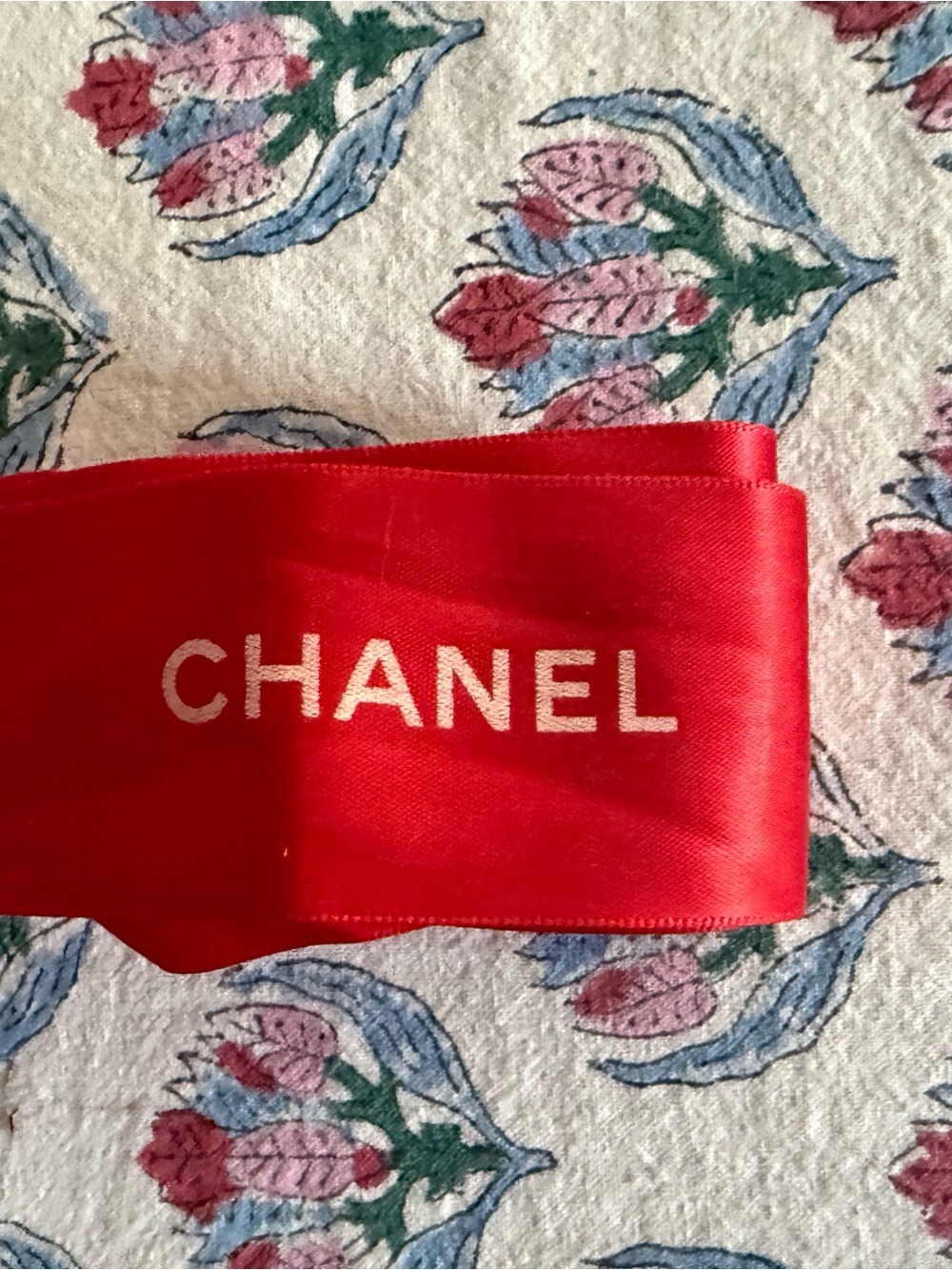 CHANEL Red Satin Logo Ribbon Hair or clothing Accessory